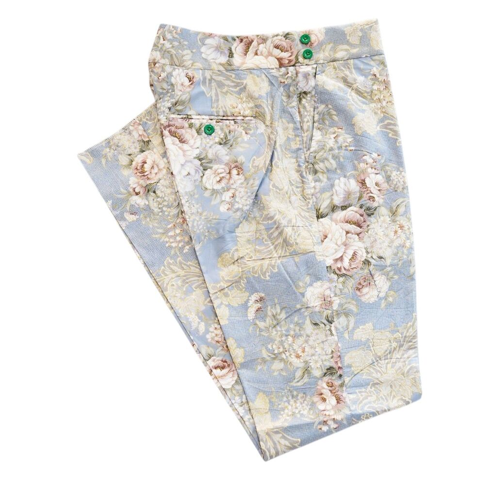 Mens Gurkha Pants 36 Blue Gold Floral Cotton Slim Fit Flat Front Dress Trousers